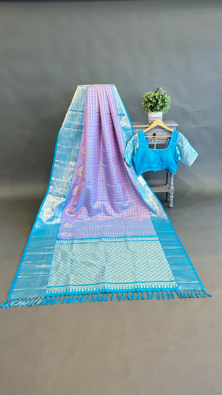 Lavender and Light Blue Venkatagiri Silk Saree And Blouse