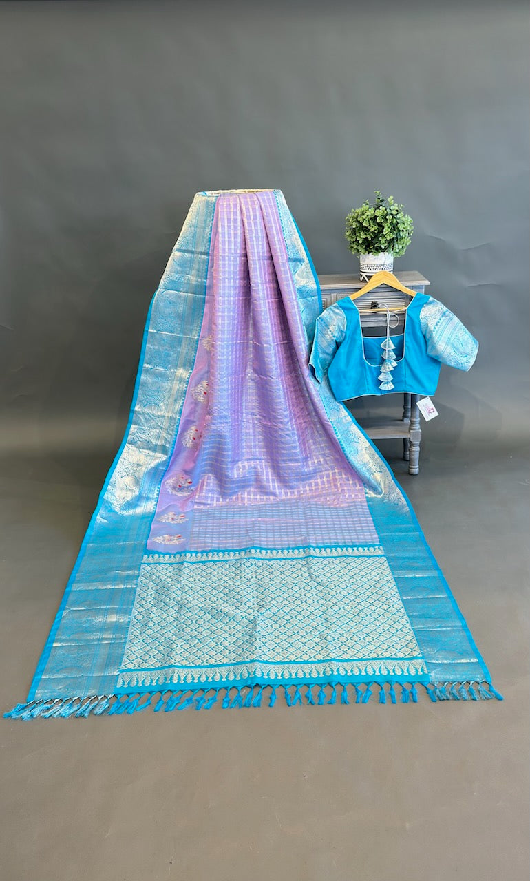 Lavender and Light Blue Venkatagiri Silk Saree And Blouse