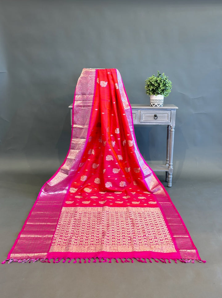 Orange and Rani Pink Venkatagiri Silk Saree And Blouse
