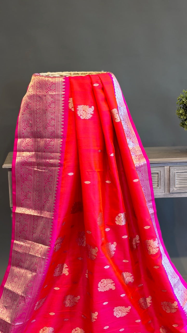 Orange and Rani Pink Venkatagiri Silk Saree And Blouse