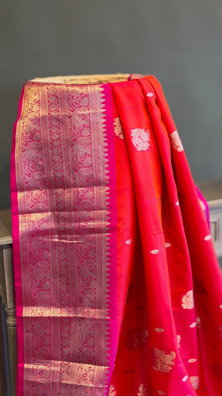 Orange and Rani Pink Venkatagiri Silk Saree And Blouse