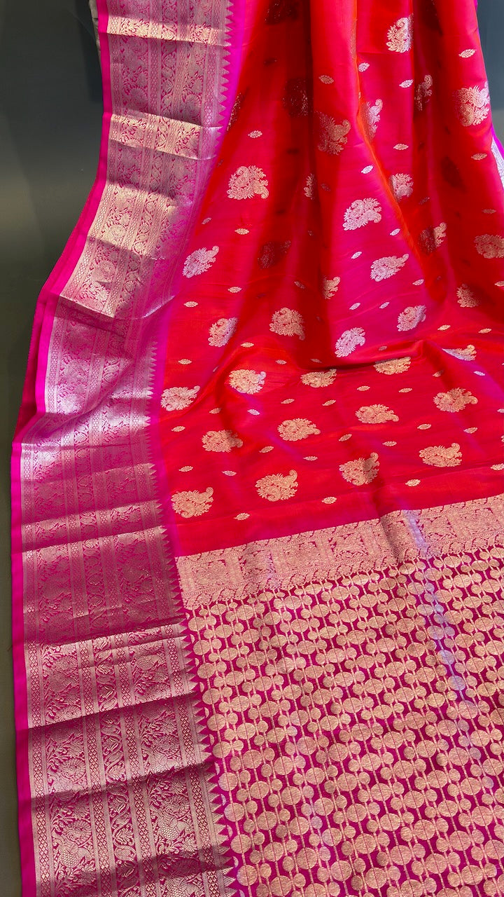 Orange and Rani Pink Venkatagiri Silk Saree And Blouse