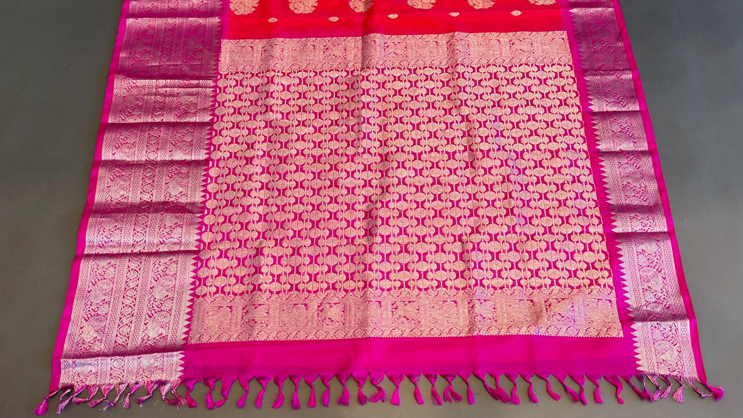 Orange and Rani Pink Venkatagiri Silk Saree And Blouse
