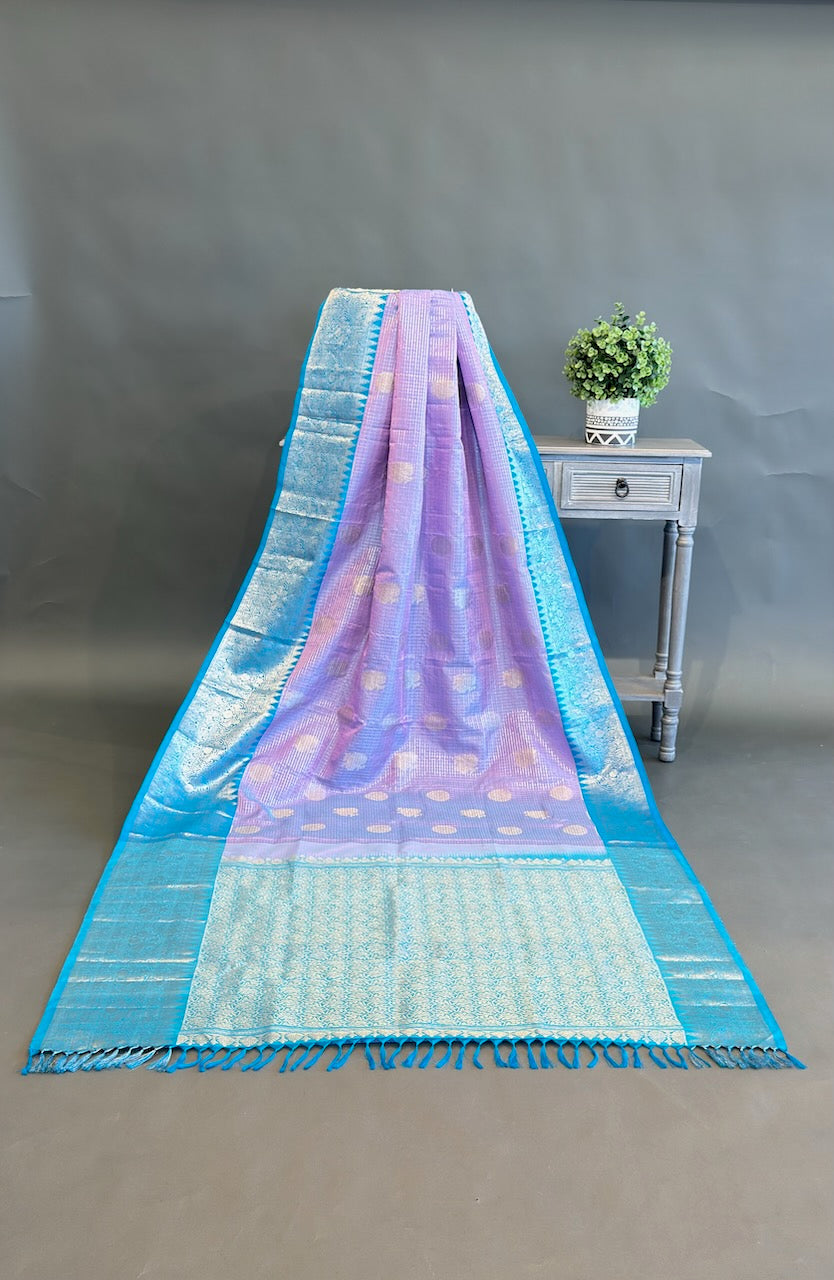 Lavender and Light Blue Small Checks Venkatagiri Silk Saree And Blouse