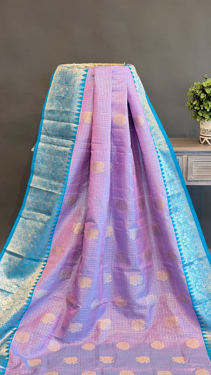 Lavender and Light Blue Small Checks Venkatagiri Silk Saree And Blouse