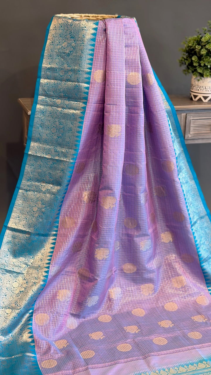 Lavender and Light Blue Small Checks Venkatagiri Silk Saree And Blouse