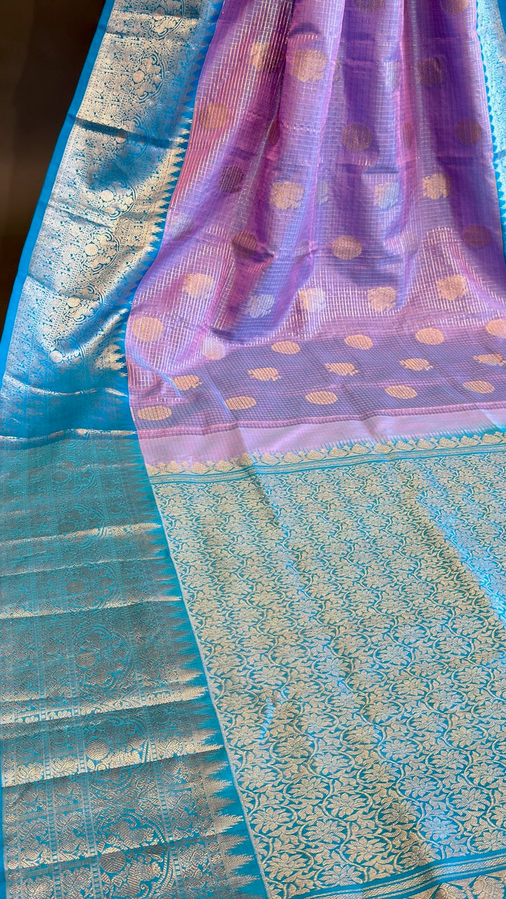 Lavender and Light Blue Small Checks Venkatagiri Silk Saree And Blouse
