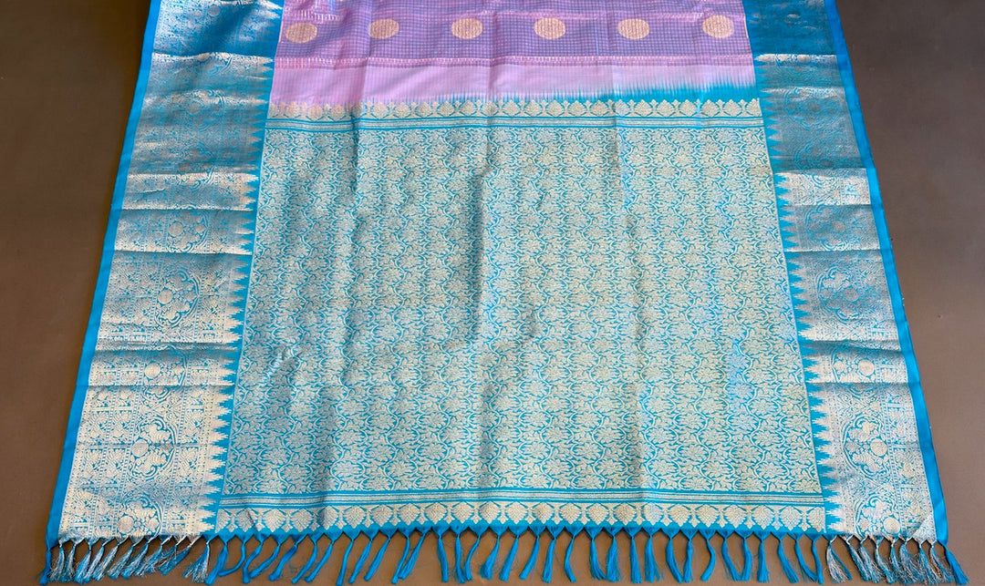 Lavender and Light Blue Small Checks Venkatagiri Silk Saree And Blouse