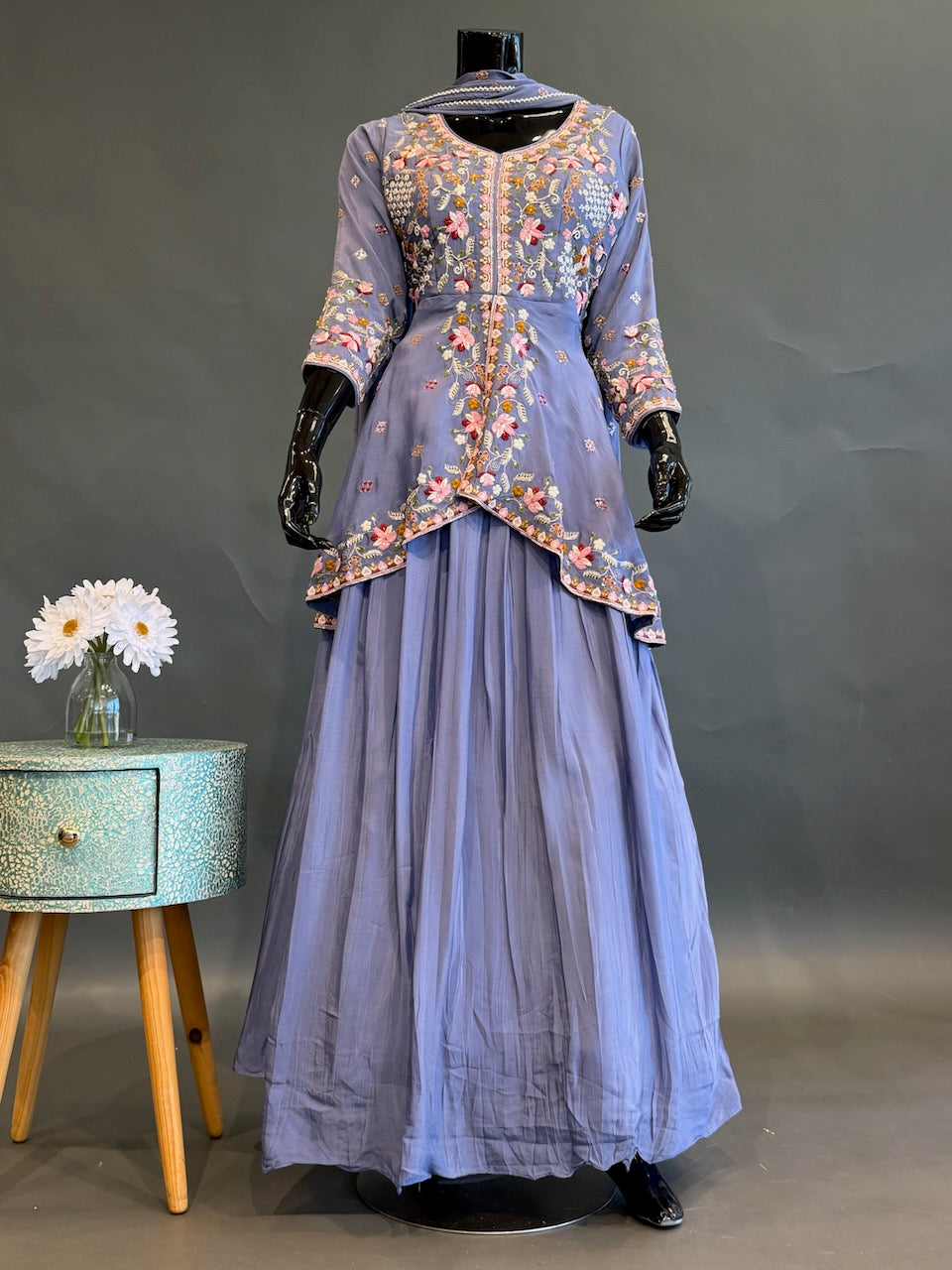 Lavender Blue Embroidered Lehenga Set