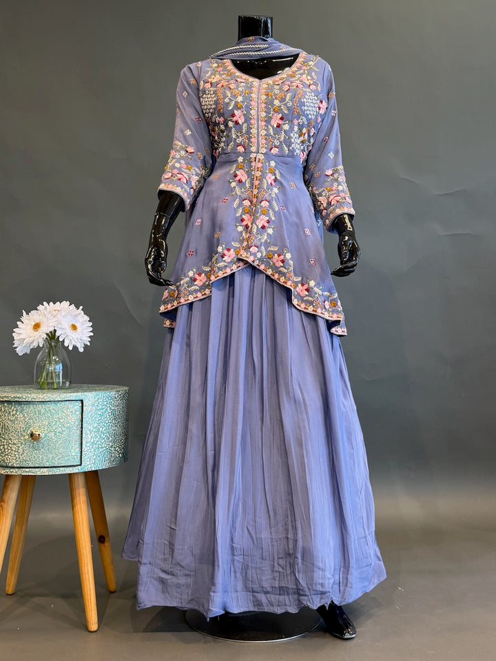 Lavender Blue Embroidered Lehenga Set