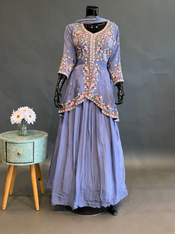 Lavender Blue Embroidered Lehenga Set