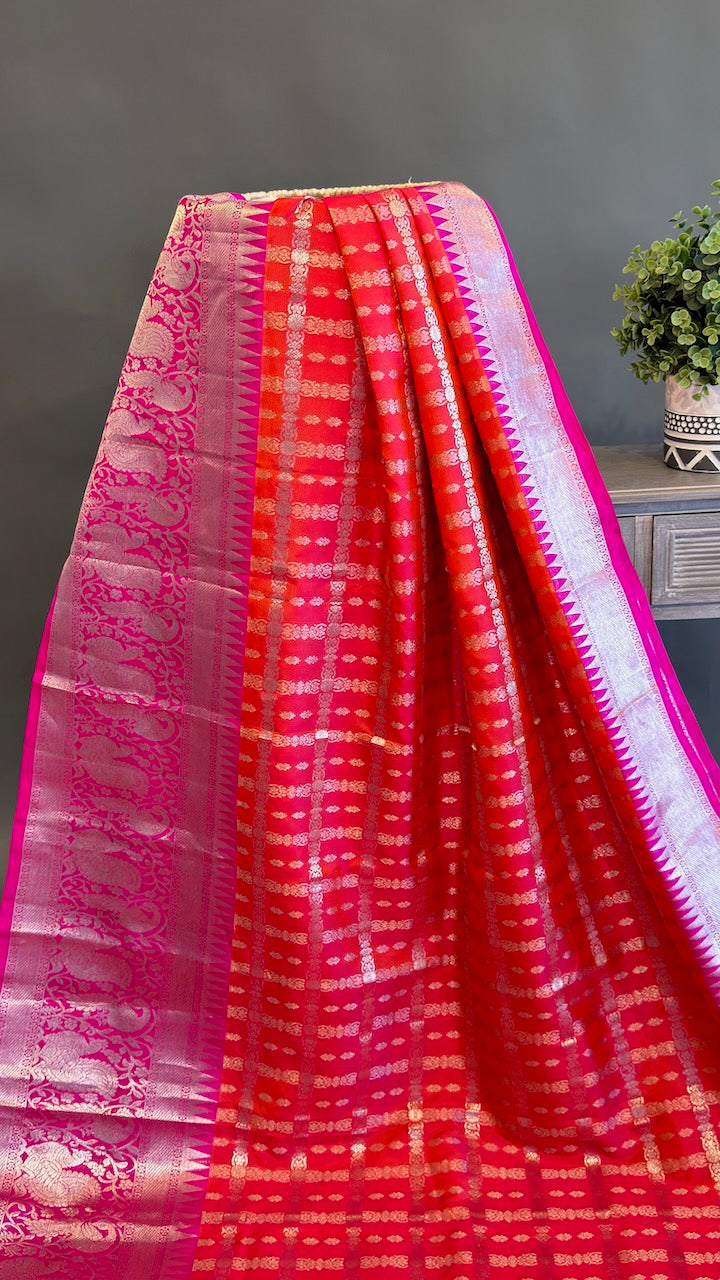 Orange and Rani-Pink Venkatagiri Silk Saree And Blouse