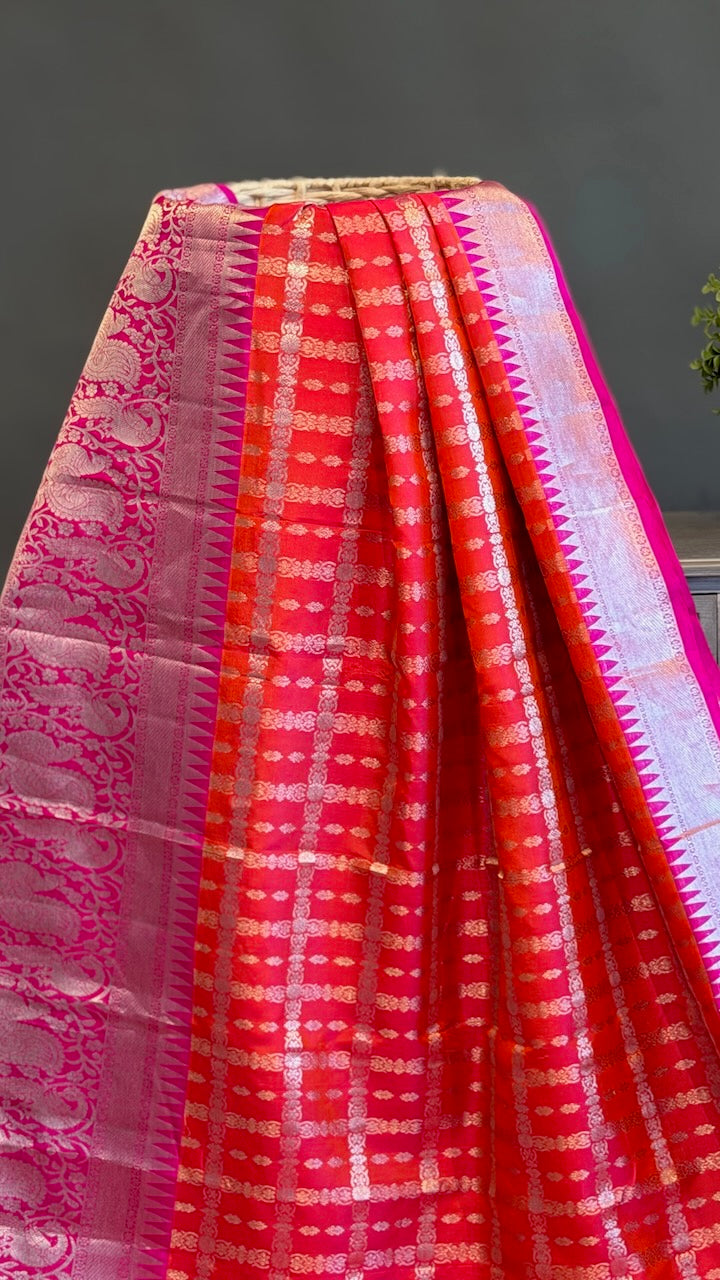 Orange and Rani-Pink Venkatagiri Silk Saree And Blouse