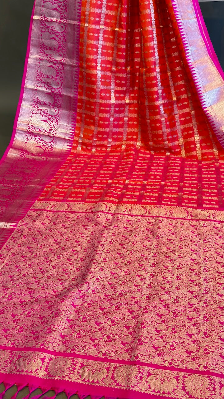 Orange and Rani-Pink Venkatagiri Silk Saree And Blouse
