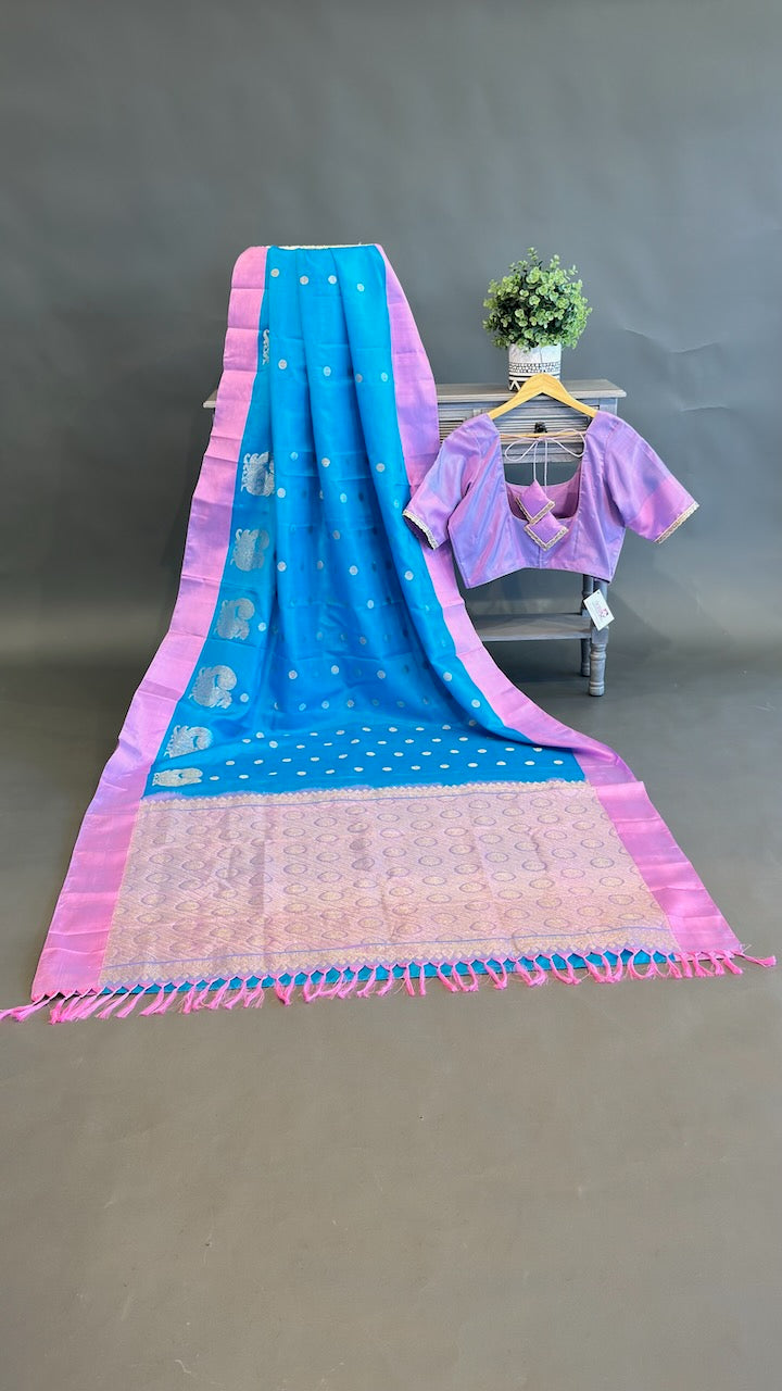 Sky blue and Lilac Venkatagiri Silk Saree And Blouse