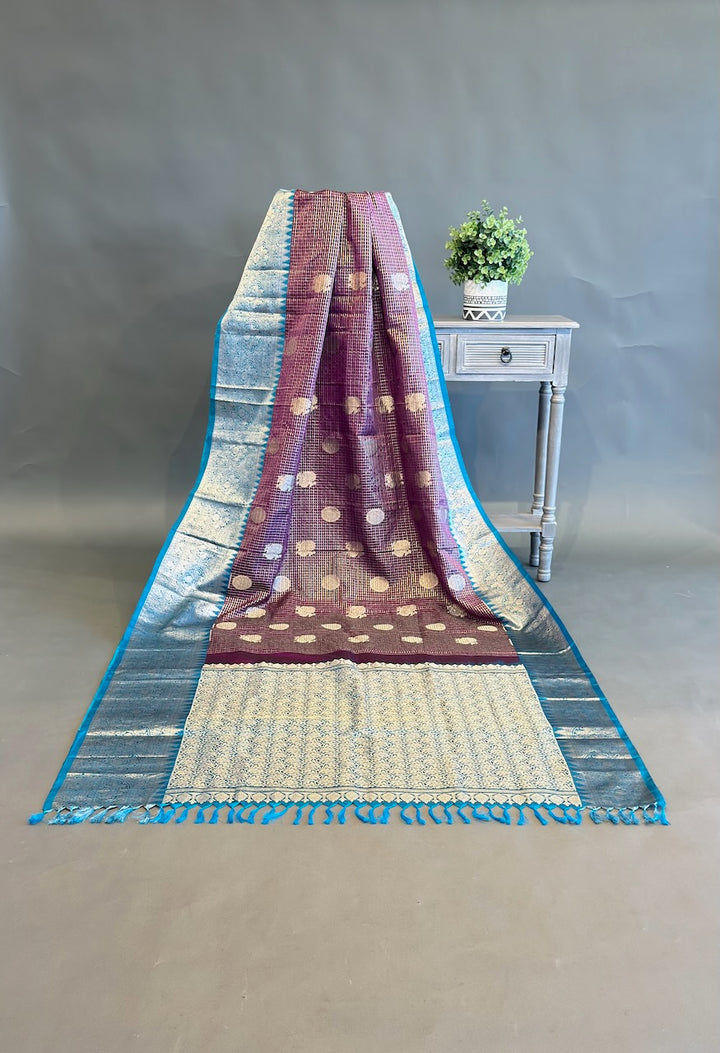 Brown And Blue Venkatagiri Silk Saree And Blouse