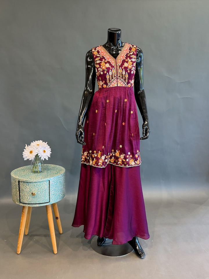 Deep Magenta Embroidered Sharara Set