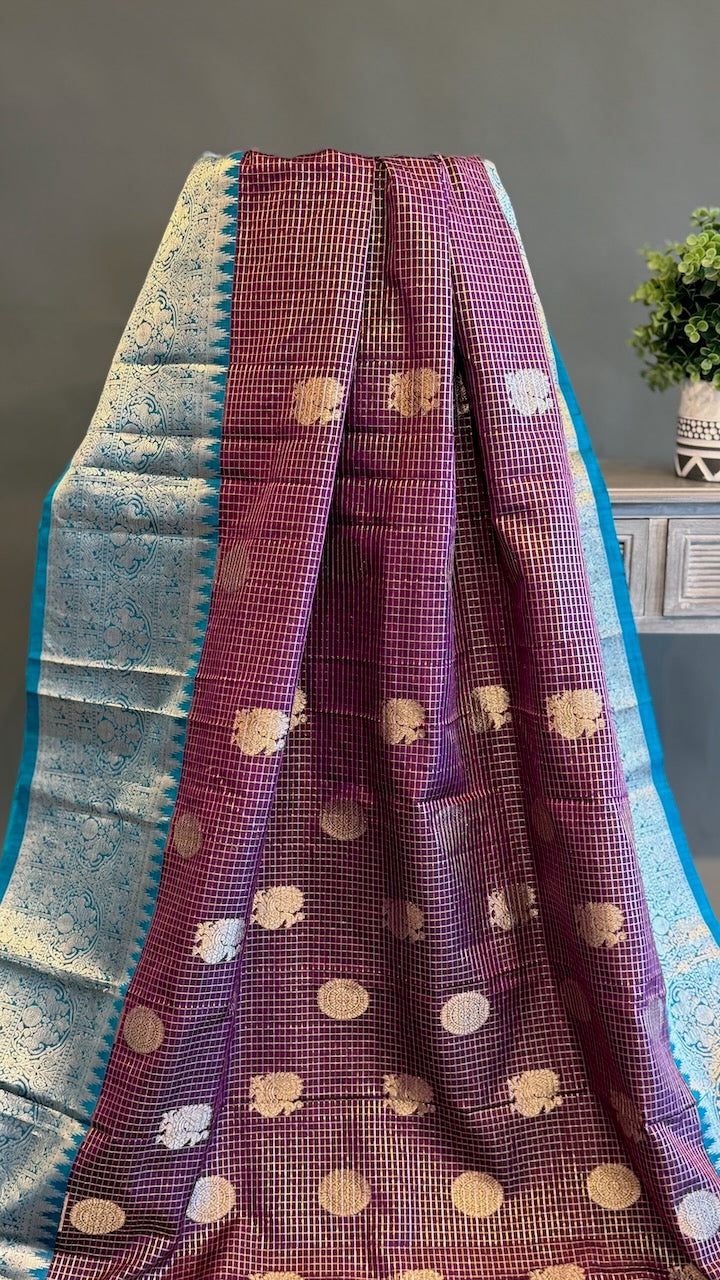 Brown And Blue Venkatagiri Silk Saree And Blouse