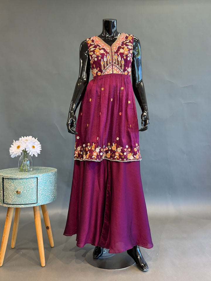 Deep Magenta Embroidered Sharara Set