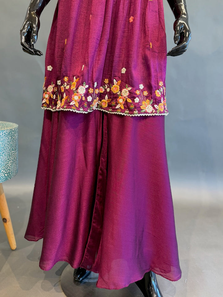 Deep Magenta Embroidered Sharara Set