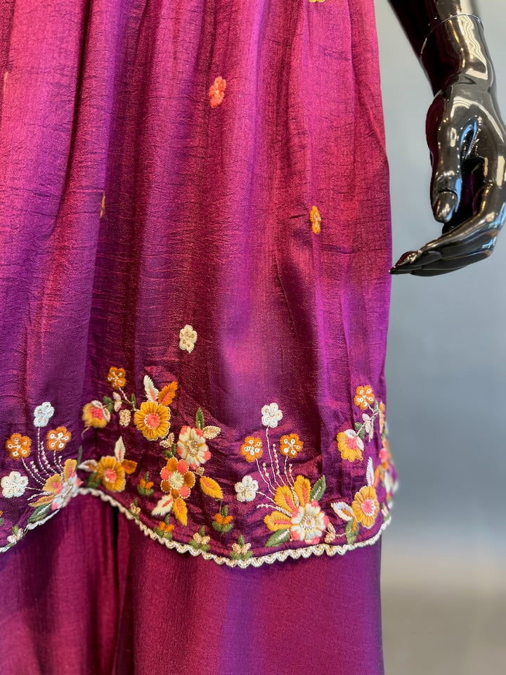 Deep Magenta Embroidered Sharara Set