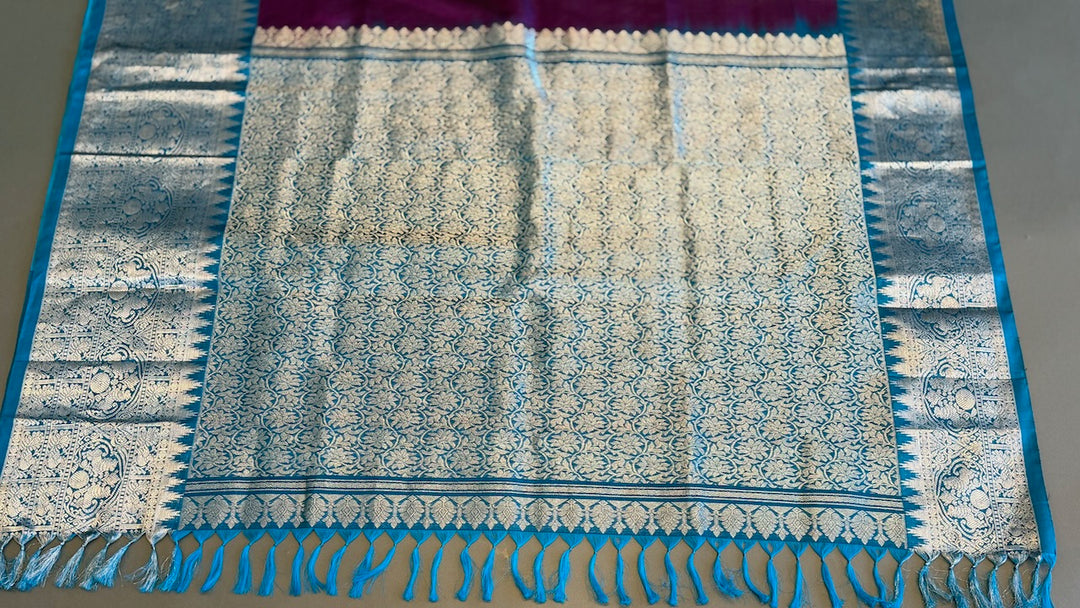Brown And Blue Venkatagiri Silk Saree And Blouse