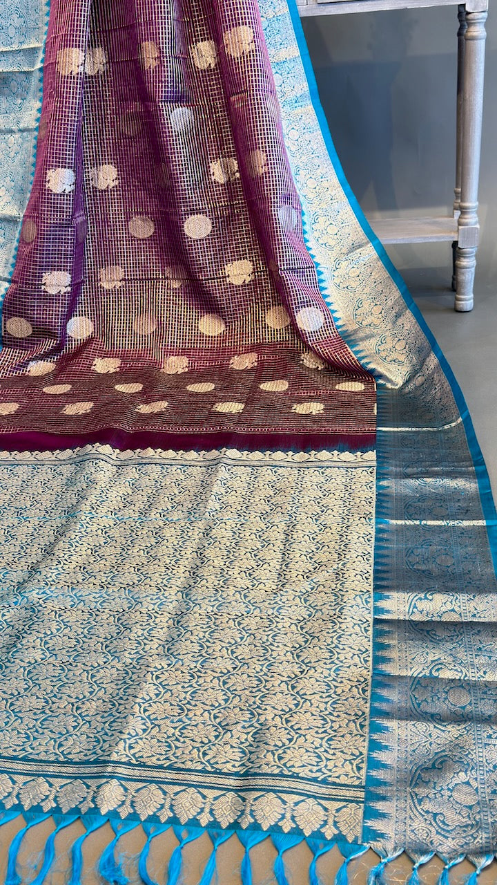 Brown And Blue Venkatagiri Silk Saree And Blouse