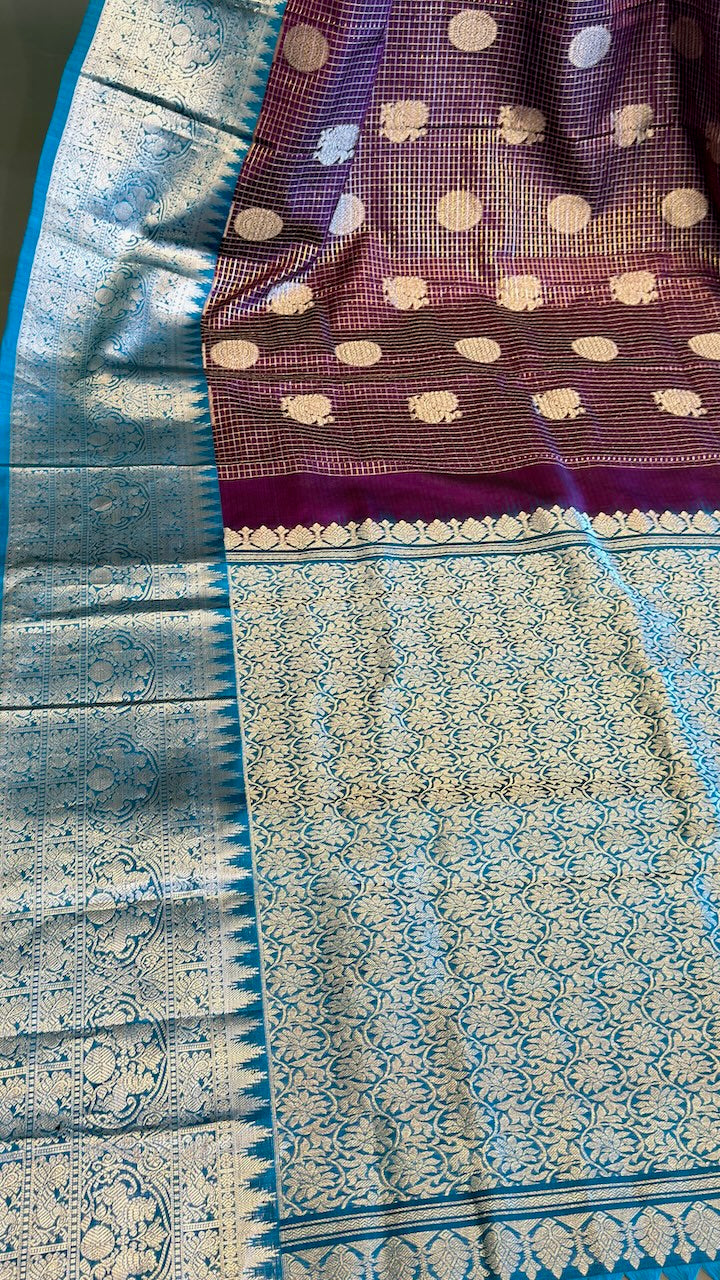 Brown And Blue Venkatagiri Silk Saree And Blouse