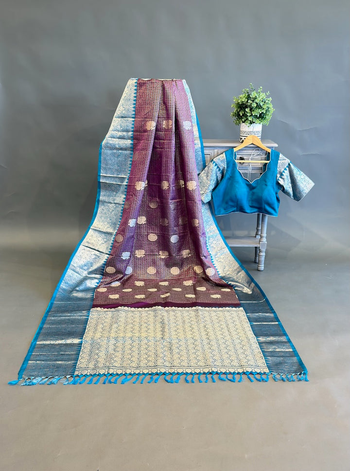 Brown And Blue Venkatagiri Silk Saree And Blouse