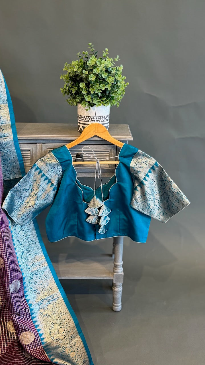 Brown And Blue Venkatagiri Silk Saree And Blouse