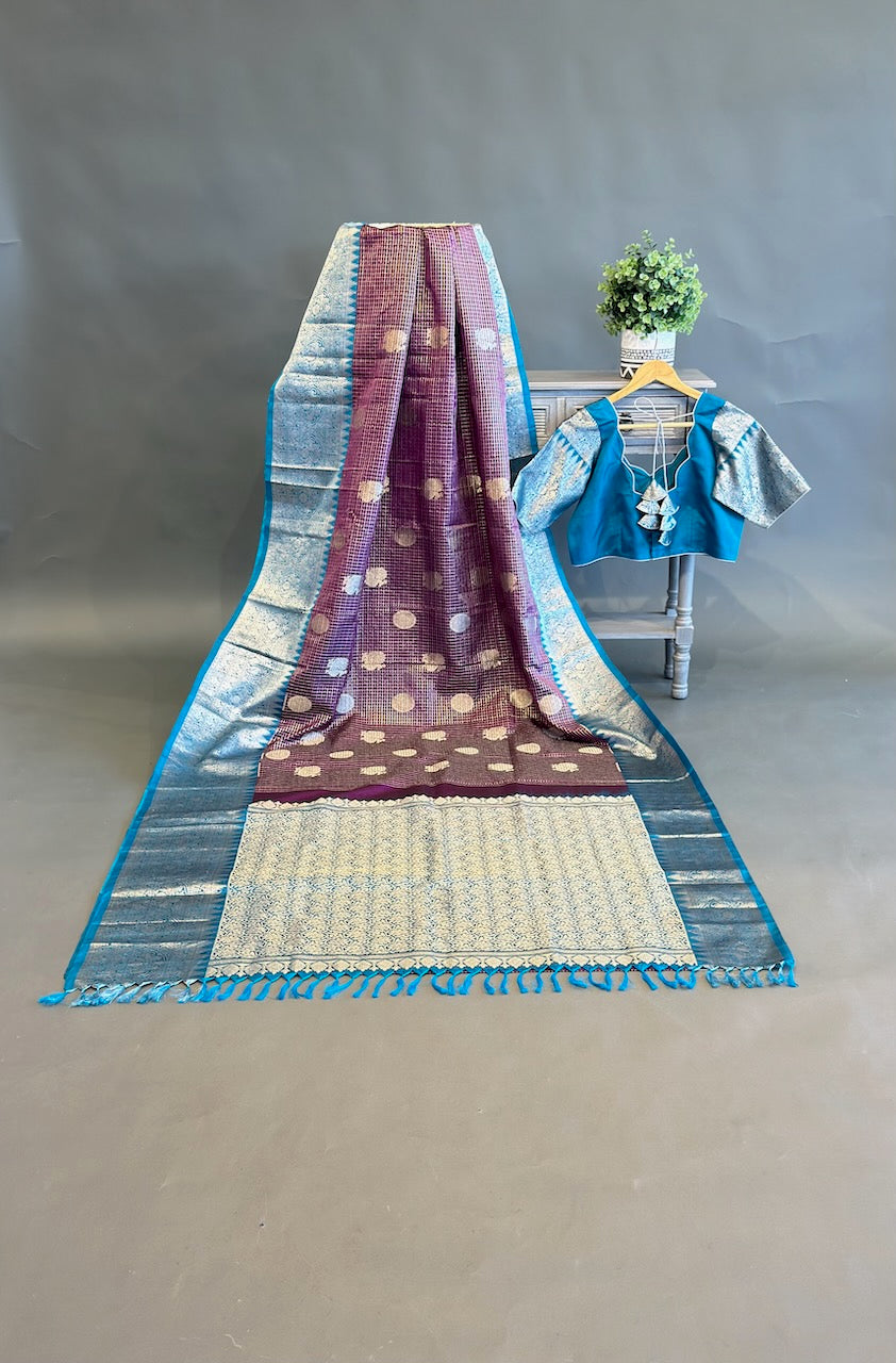 Brown And Blue Venkatagiri Silk Saree And Blouse