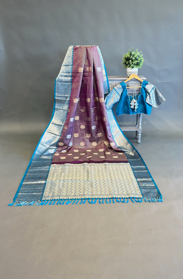 Brown And Blue Venkatagiri Silk Saree And Blouse
