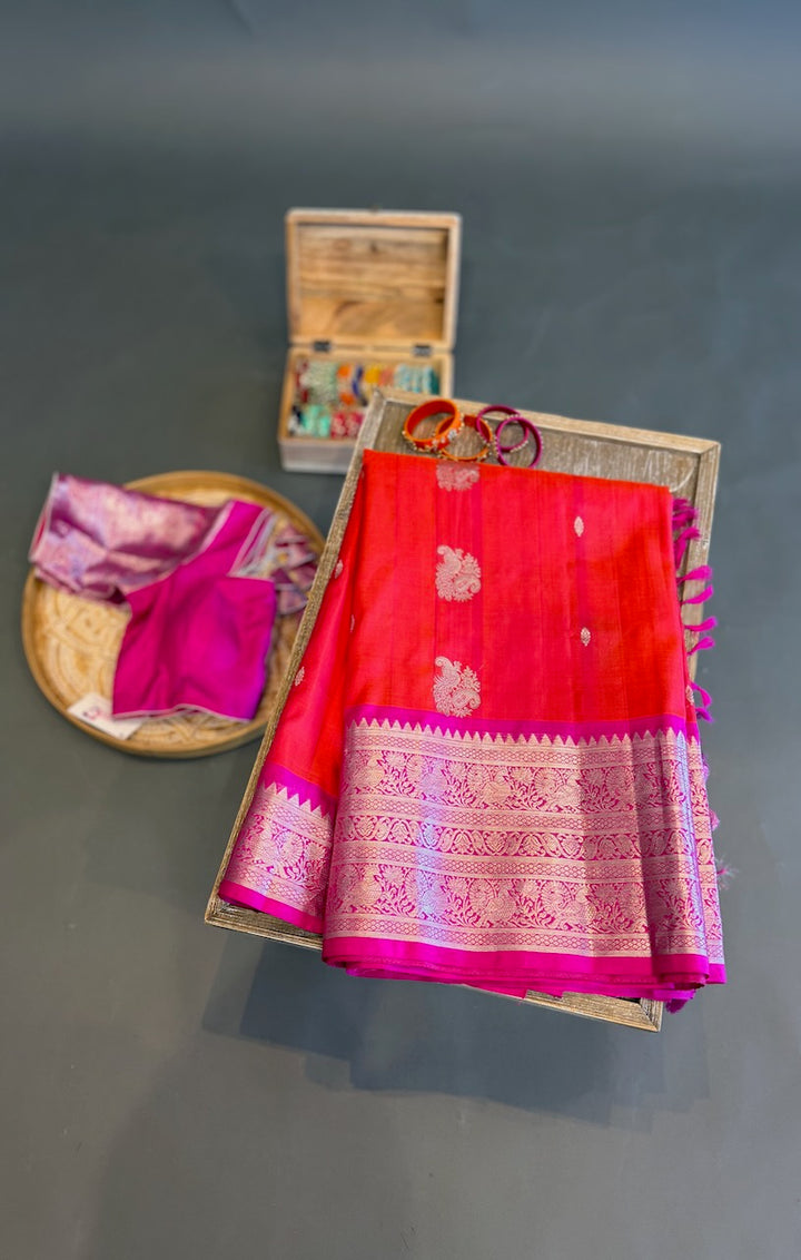 Orange and Rani Pink Venkatagiri Silk Saree And Blouse