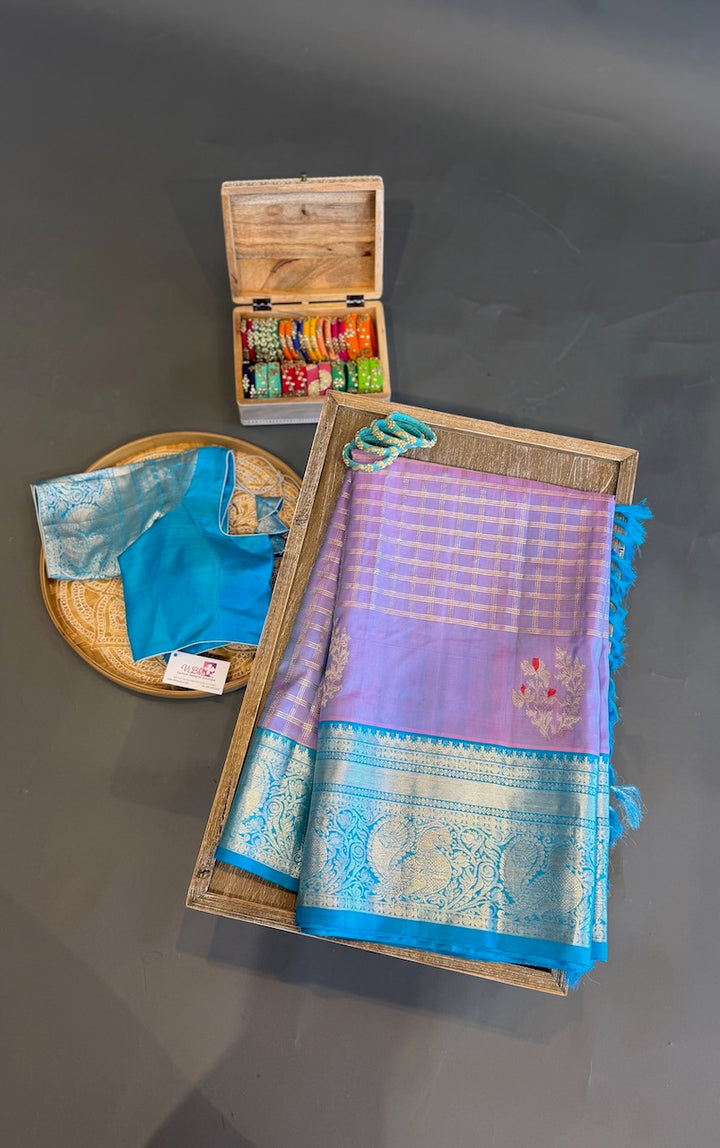 Lavender and Light Blue Venkatagiri Silk Saree And Blouse