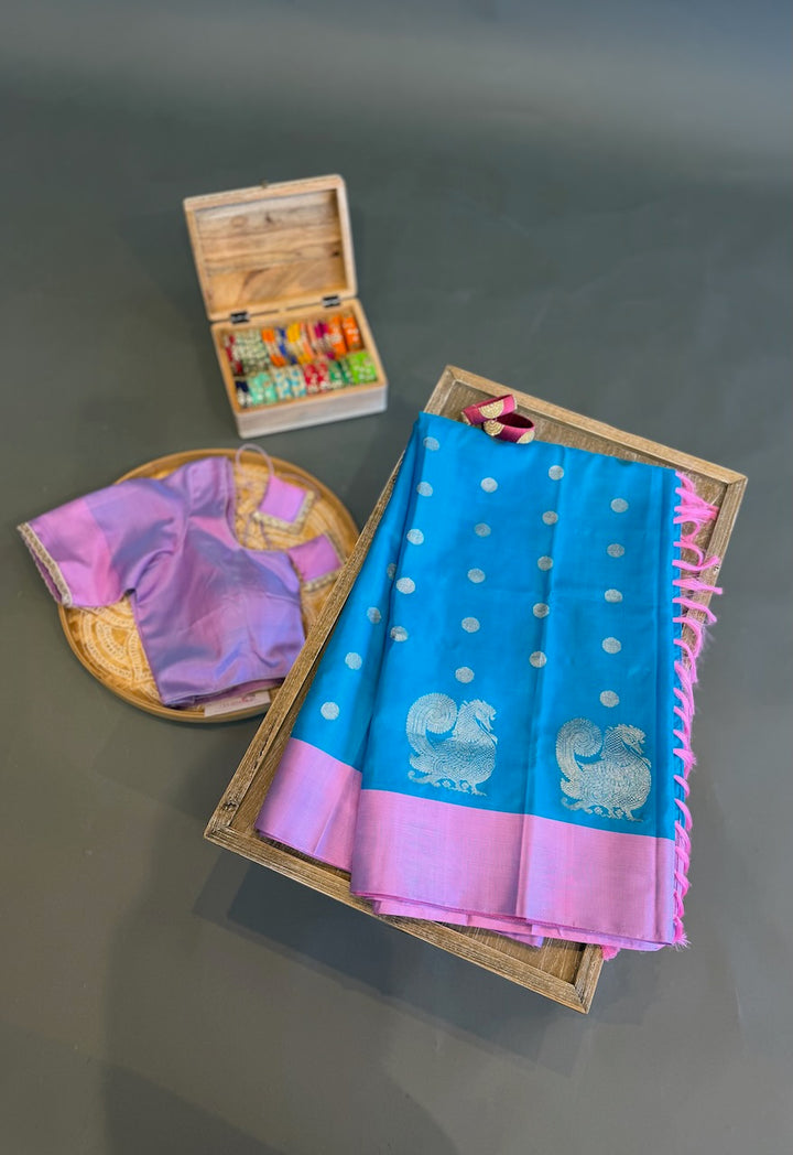 Sky blue and Lilac Venkatagiri Silk Saree And Blouse