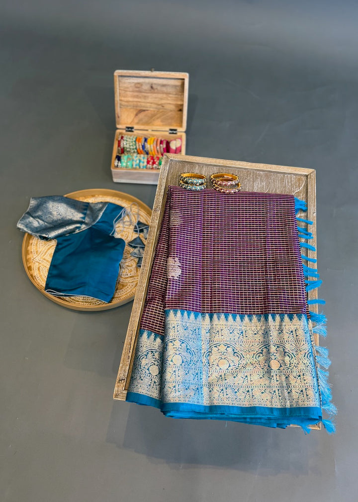 Brown And Blue Venkatagiri Silk Saree And Blouse