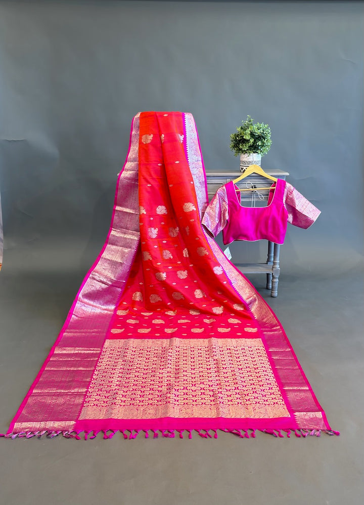 Orange and Rani Pink Venkatagiri Silk Saree And Blouse