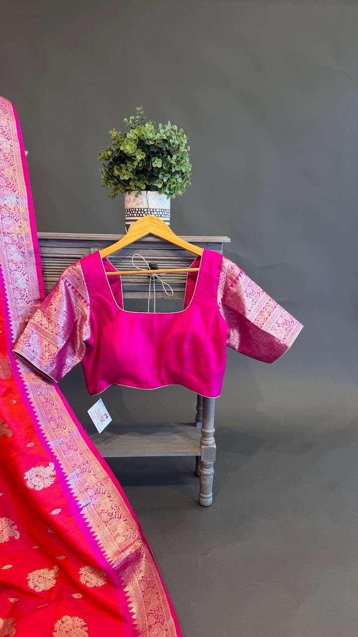Orange and Rani Pink Venkatagiri Silk Saree And Blouse