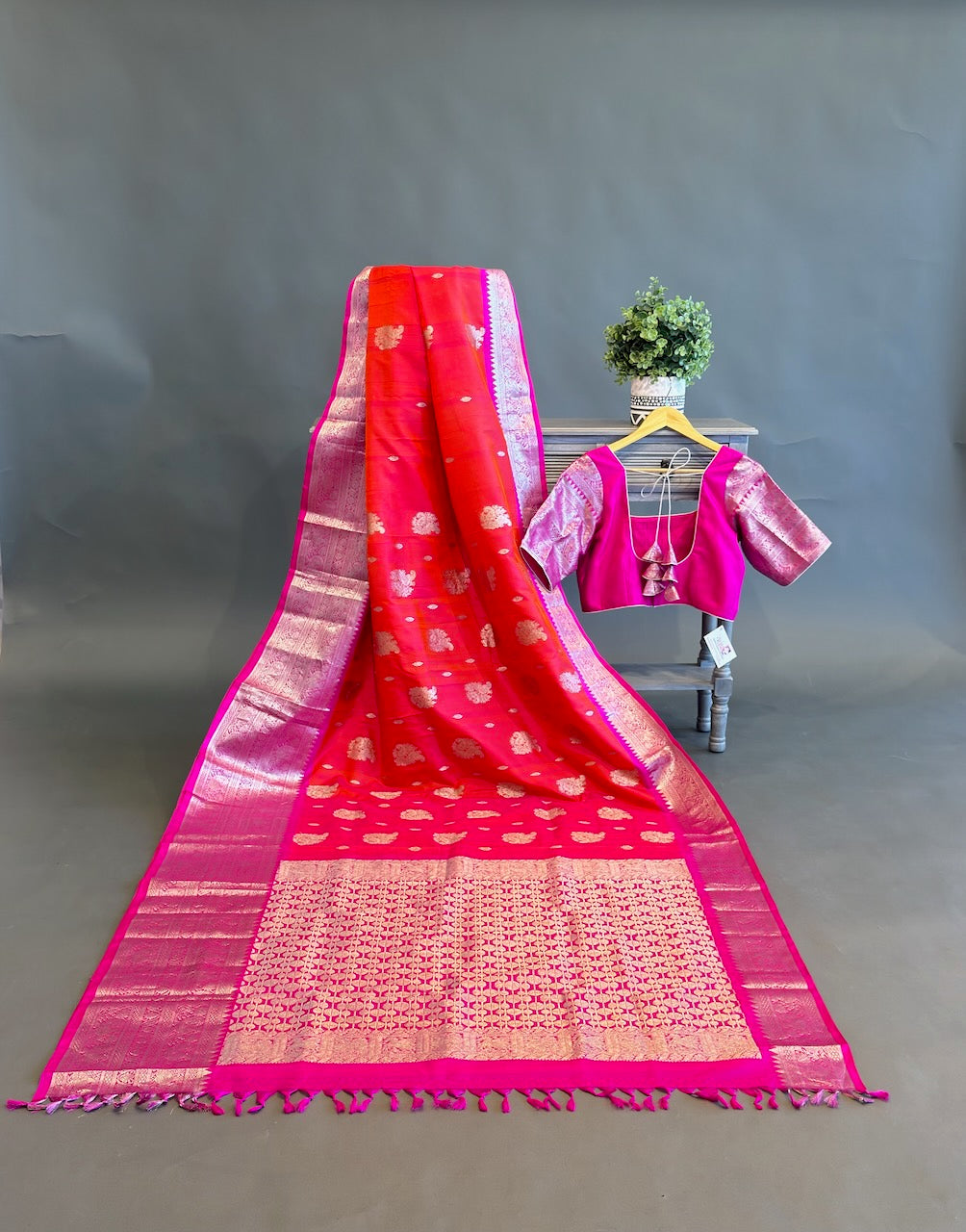 Orange and Rani Pink Venkatagiri Silk Saree And Blouse