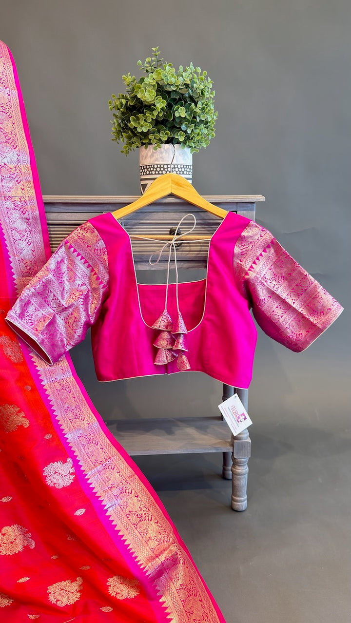 Orange and Rani Pink Venkatagiri Silk Saree And Blouse