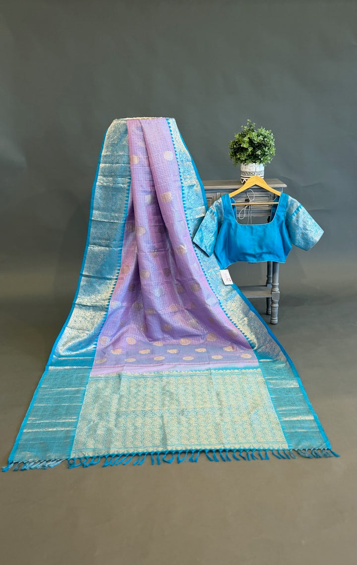 Lavender and Light Blue Small Checks Venkatagiri Silk Saree And Blouse