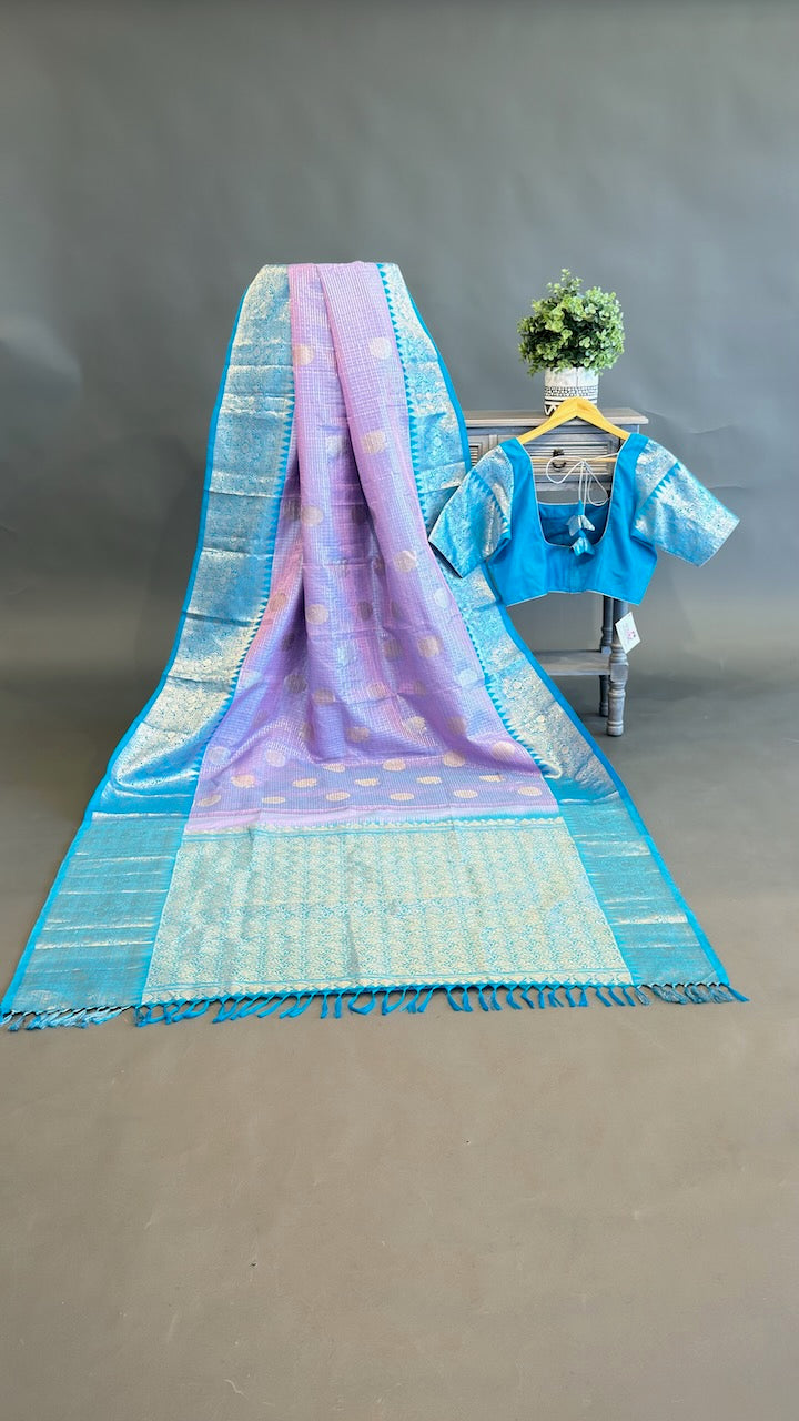 Lavender and Light Blue Small Checks Venkatagiri Silk Saree And Blouse