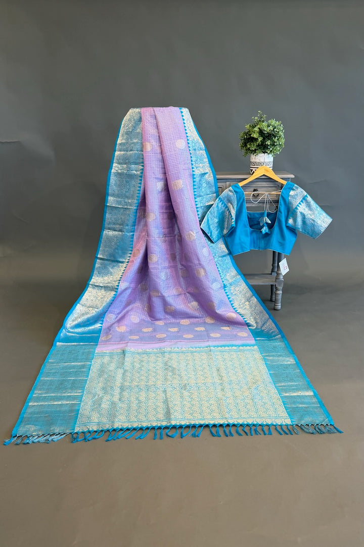 Lavender and Light Blue Small Checks Venkatagiri Silk Saree And Blouse