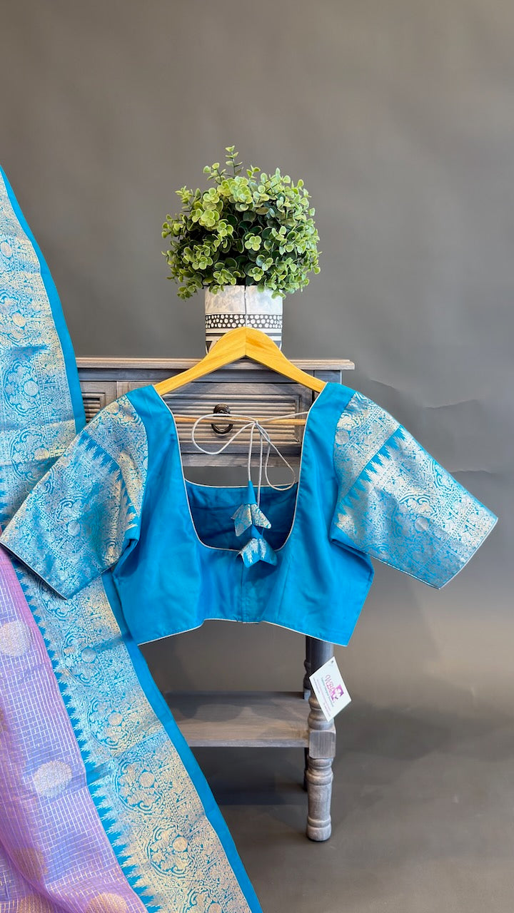 Lavender and Light Blue Small Checks Venkatagiri Silk Saree And Blouse