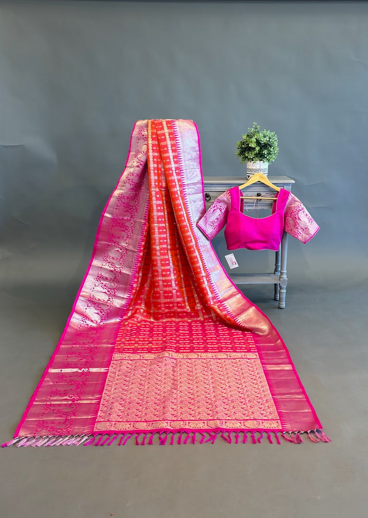 Orange and Rani-Pink Venkatagiri Silk Saree And Blouse