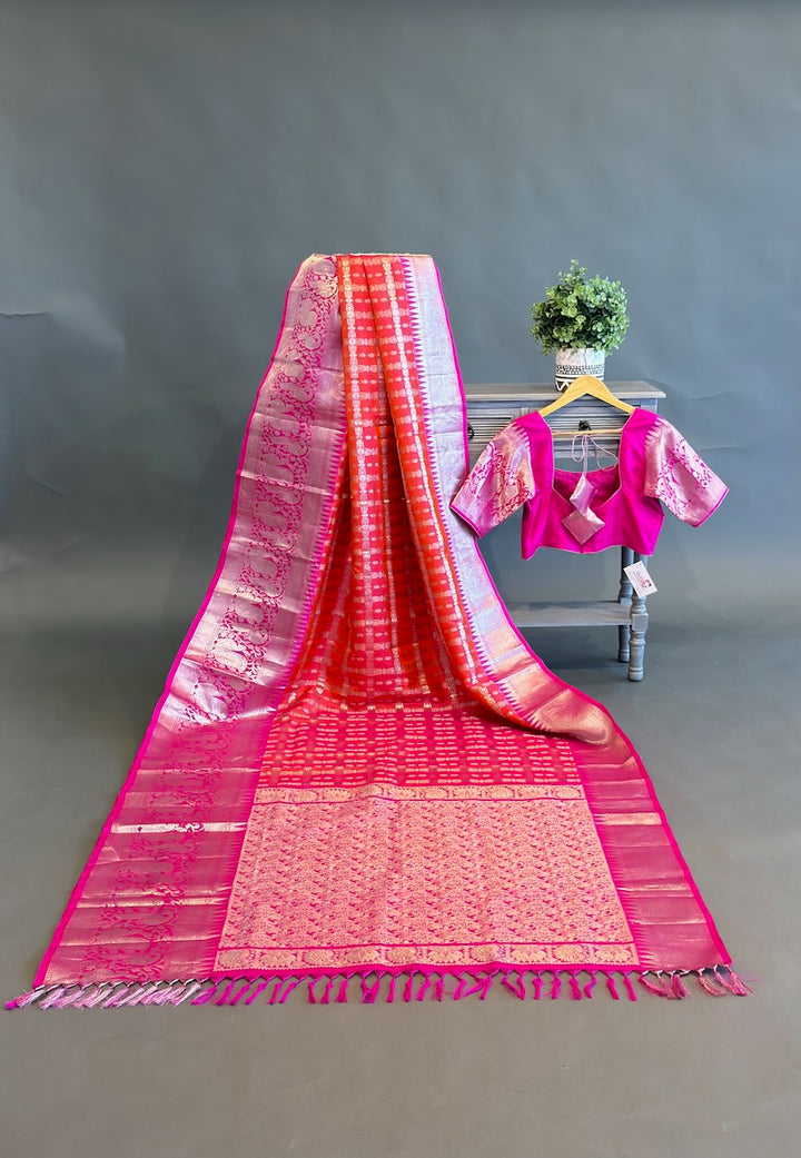 Orange and Rani-Pink Venkatagiri Silk Saree And Blouse