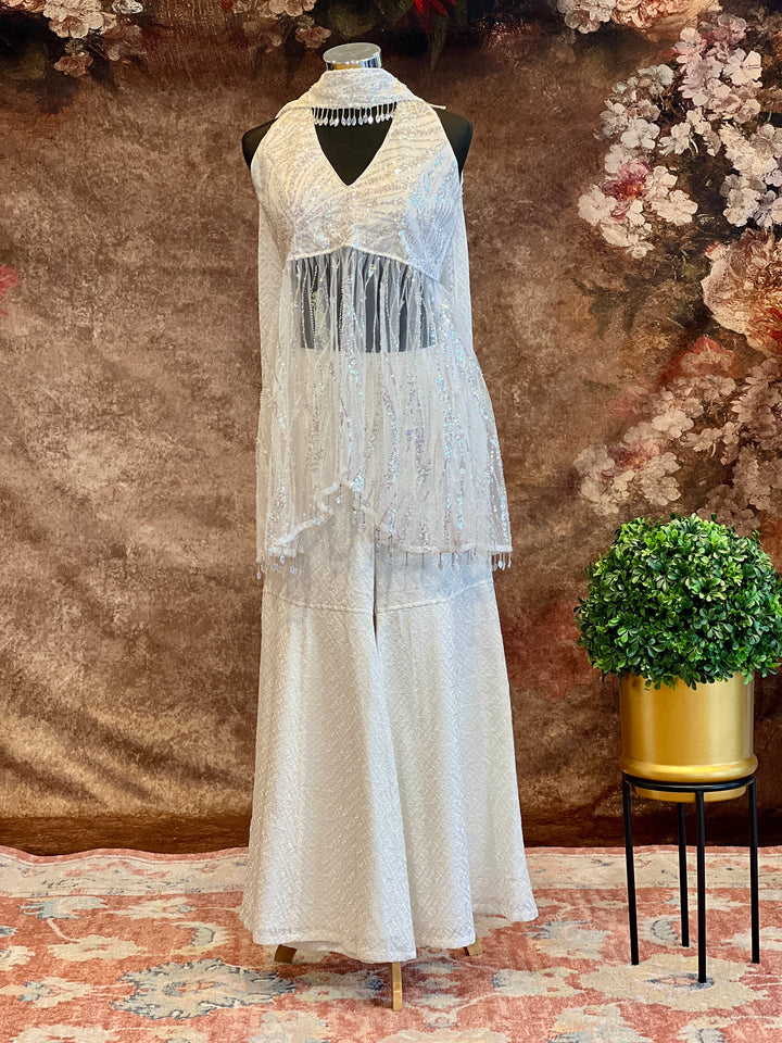 White Cut dana Embroidered Sharara Set With Choker Dupatta