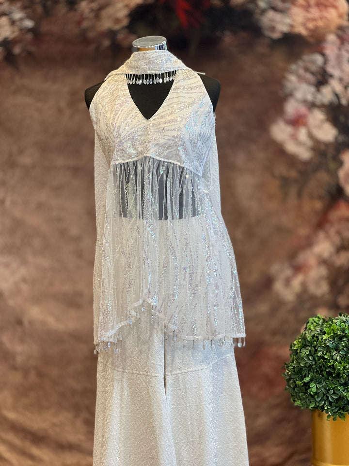 White Cut dana Embroidered Sharara Set With Choker Dupatta