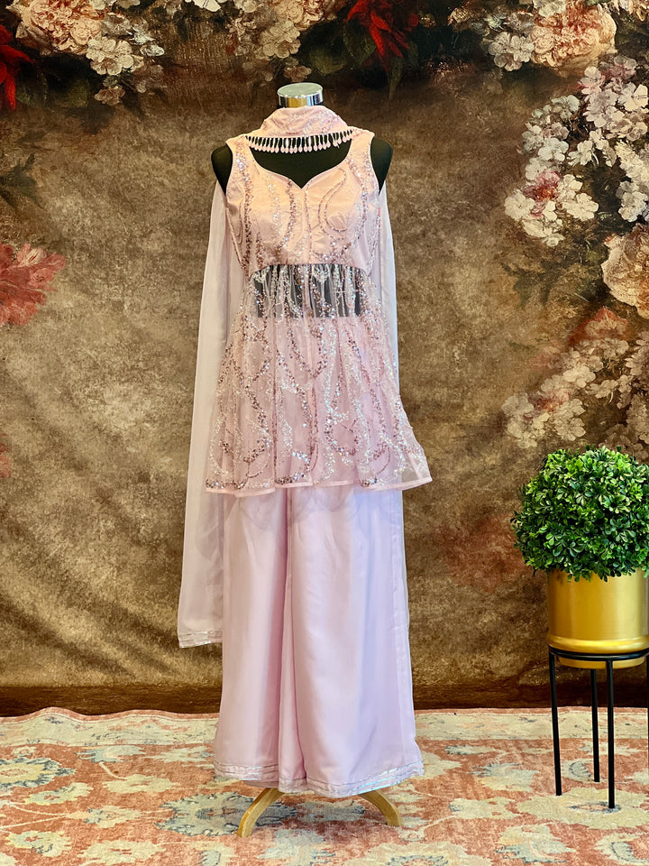 Pastel-Pink Cutdana Embroidered Sharara Set With Choker Dupatta