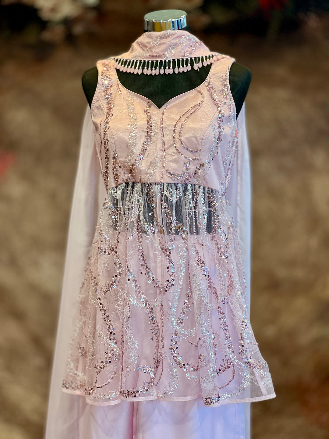 Pastel-Pink Cutdana Embroidered Sharara Set With Choker Dupatta